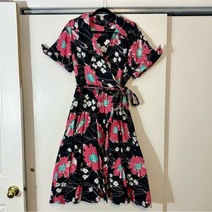 Vintage Inspired Floral on Black Faux Wrap Dress